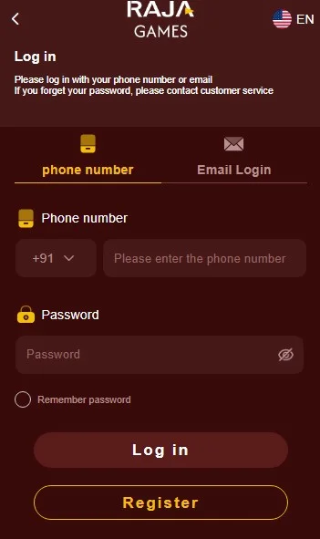 Raja game login page